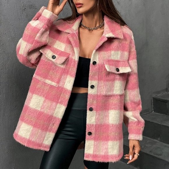 Pink Buffalo Plaid Flap Pocket Drop Shoulder Coat - Picture 2 of 6